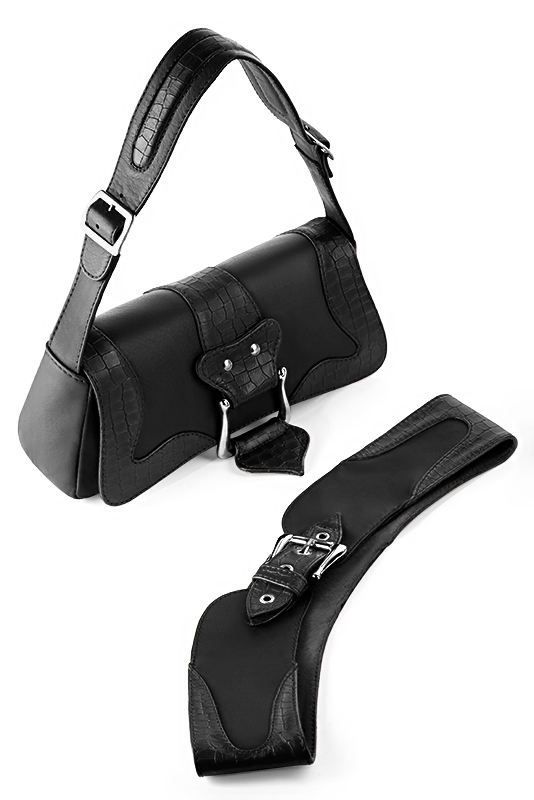 Satin black women's dress handbag, matching pumps and belts. Worn view - Florence KOOIJMAN